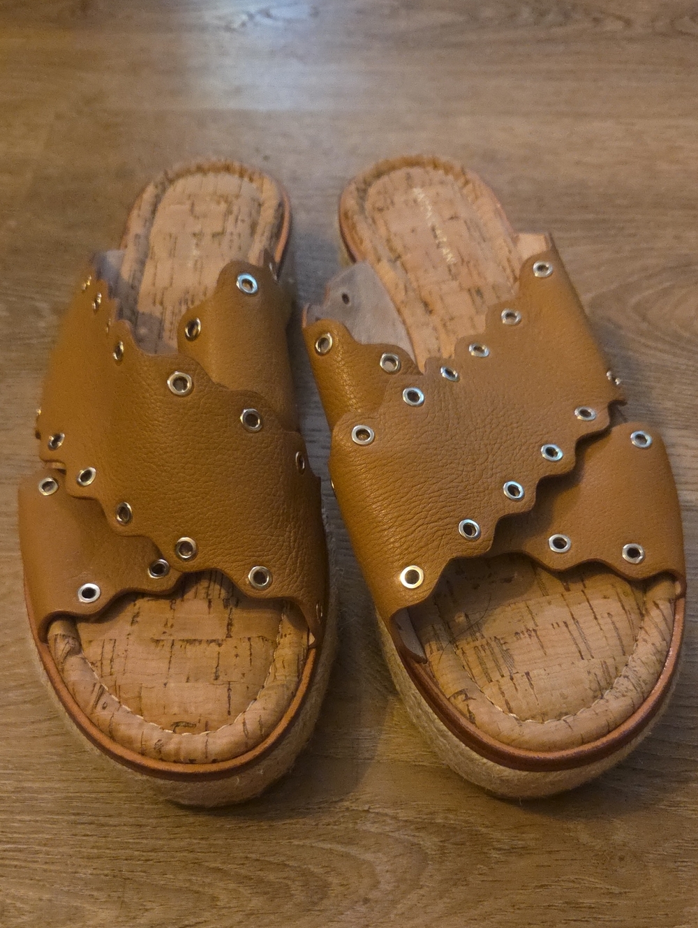 Antonio Melani Women's Tan Scalloped Slide Sandals with Metal Eyelets